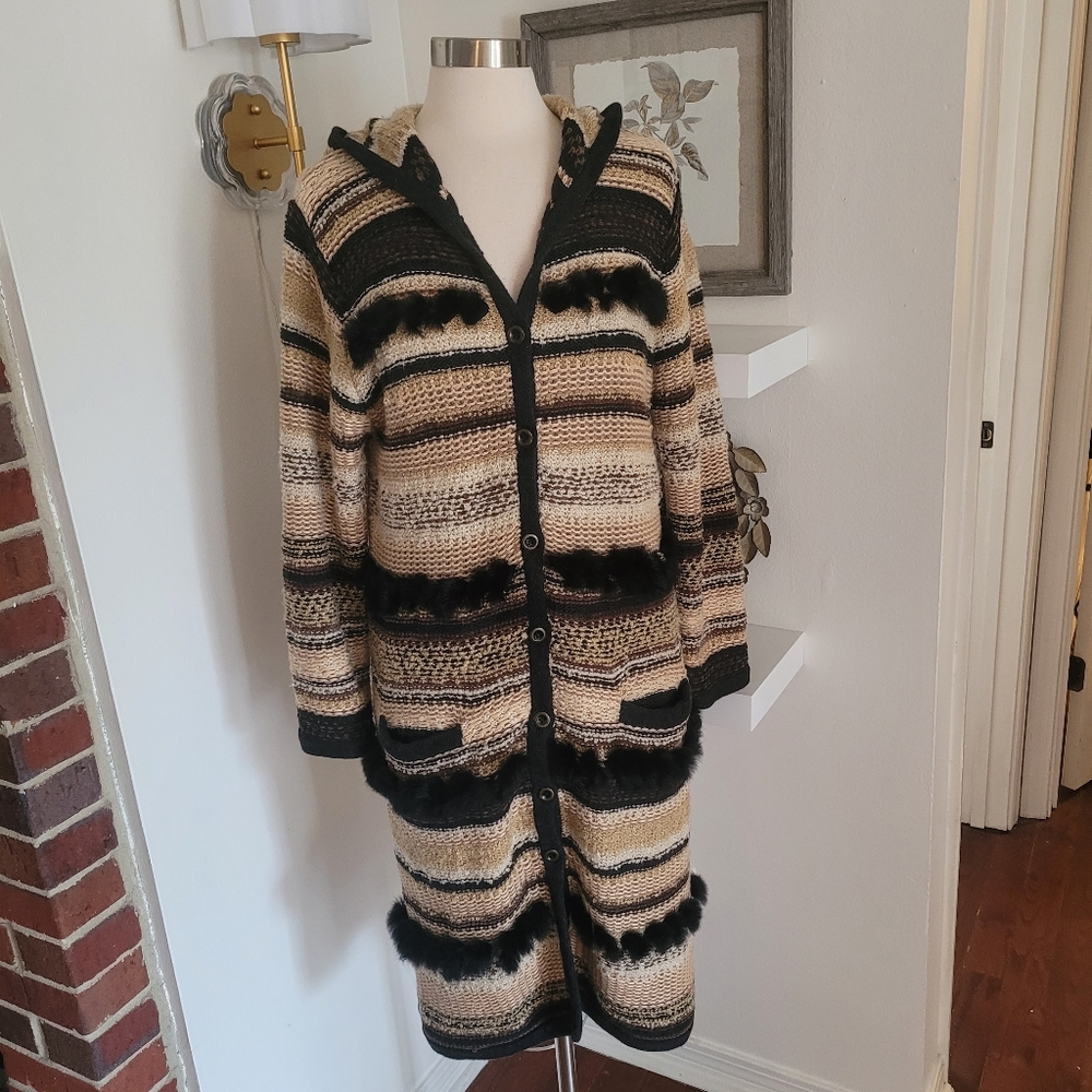 Chicos Striped Hooded Sweater Cardigan Size 2 Ramie Cotton Wool